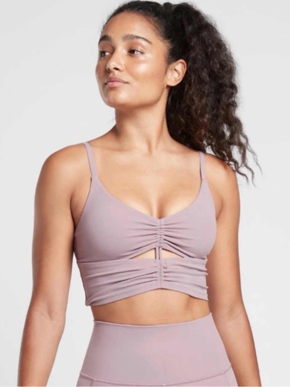 Athleta Cinch Longline Bra XS Mauve Pink Ruched Cutout Light Support Yoga